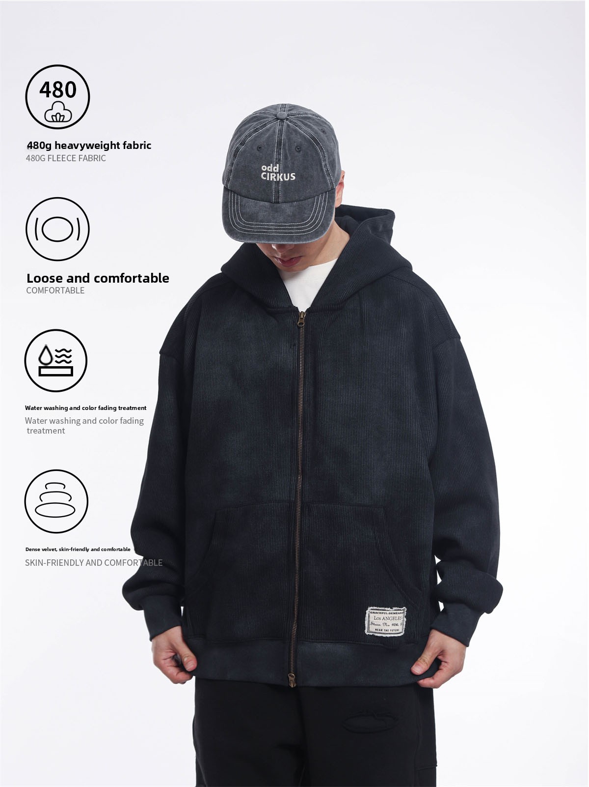 Streetwear Brand Japanese - Retro Japanischer Stil Schwergewichtiger 480g Doppelreißverschluss-Hoodie